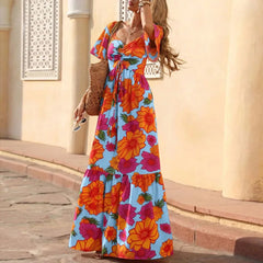 LIZAKOSHT - Women Elegant V-neck Draped Vacation Dress Summer Casual Short Sleeve Big Swing Party Dress Fashion Floral Printed Long Dresses