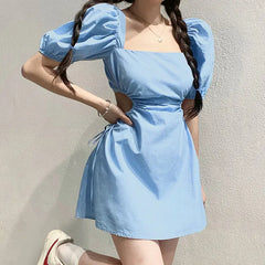 LIZAKOSHT - Dress With Backless Straps And Puff Sleeves Sexy Design Women'S Ins Waist Slimming A-Line Skirt Age-Reducing Short Skirt