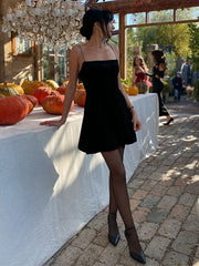 LIZAKOSHT  -  Velvet Halter Dress Black Sexy Slim Fit Elegant Straight Collar Waist Cinched Short Dresses Camisole Evening Gown Women's Wear