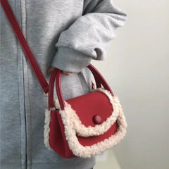 LIZAKOSHT - Korean Style Retro Lamb Wool Handbag Women Sweet Cute Square Crossbody Bag Ladies Christmas New Year Red Crossbody Bag