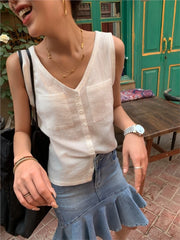 LIZAKOSHT - Casual Women Thin Cotton Summer Vest New V-neck Pocket Single Breasted Office Lady Tank Beige Black Fashion Sleeveless Top