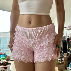 LIZAKOSHT - Y2K Women's Lace Trim Shorts Layered Ruffle Trim Bloomers Shorts Cute Lolita Pumpkin Pants Pettipants Streetwear