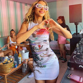 LIZAKOSHT  -  Mesh Printed Women Vest Dress Sleeveless Slim Fit Sexy Micro Perspective Round Neck Vacation Beach Yarn Waistcoat Short Dresses