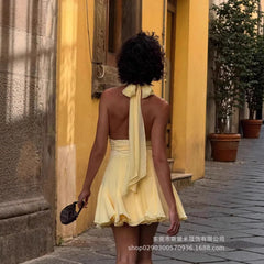 LIZAKOSHT - Summer Yellow Lace Women Prom Dress Sexy V Neck Halter Sleeveless Backless Party Gown Short Mini Robe Casual Beach Holiday Skirt