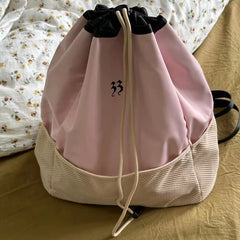 LIZAKOSHT - Patchwork Drawstring Y2k Aesthetic Schoolbag Simple All Match Nylon Leather Shoulder Bag Preppy Casual Korean Students Backpacks