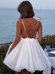 LIZAKOSHT - Sexy Backless White Mini Dress For Women Fashion V-neck Sleeveless Backless Sling A-line Dresses 2024 Lady Beach Vacation Robes