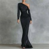 LIZAKOSHT - Sexy Skew Collar Hollow Solid Evening Dress Woman Elegant High Waist Pleated Dress Fall One-shoulder Long Sleeve Slim Maxi Dress