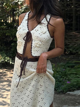 LIZAKOSHT - Women Vest Suit Lace Up Sleeveless Dress Set Hollow Out Knitted Rose Sexy Dresses Mesh Mermaid Skirt 2 Pcs Split Women Clothing