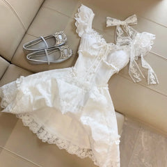 LIZAKOSHT - French Elegant Sweet Mini Puffy Sleeve First Love Summer New Fairy Tale Princess Skirt Short Sleeve Asymmetrical Shoulder Dress