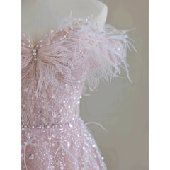 LIZAKOSHT - Elegant Pink Bridesmaid Dresses Feather Bow Beading Sequins Pearls Applique Strapless Long A-line Wedding Party Prom Gowns New