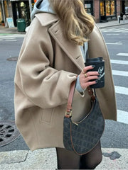 LIZAKOSHT  -  Bat-Sleeve Woolen Coat Black Lapel Single Breasted Casual Loose Thicken Wool Short Overcoat French Winter Women's Outwear Top