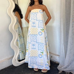 LIZAKOSHT - Beach Holiday Strapless Maxi Tube Dress Vintage Fruit Print Backless Swing Loose Dress Women Summer Boho Off Shoulder Long Dress