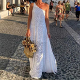 LIZAKOSHT - Elegant Temperament Boho Holiday Dress Ladies Sexy Slanted Collar Lace Long Dress Casual Summer Hollow Sleeveless Evening Dress