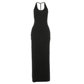 LIZAKOSHT - Fashion Sexy U Neck Backless Ruched Bodycon Maxi Dress Sleeveless Black Evening Party Slim Split Long Vestidos Ladies Streetwear