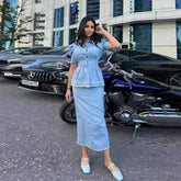 LIZAKOSHT - Y2k Women Denim Sets Office Work Lapel Ruff Sleeves Cinching Waist Slim Tops Baggy Long Jeans Dress 2 Piece Suits Chic Elegant
