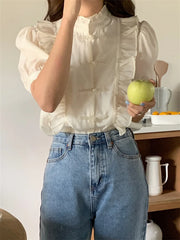LIZAKOSHT - Chinese Style Shirts Women Stand Ruffles Gentle Slim New Summer Vintage Office Lady Half Sleeve Elegant