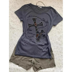 LIZAKOSHT - Grey Cross Printed Short-sleeved T-shirt Retro Casual Chic Fashion Women Top Summer 2024 Vintage Simple Luxury Harajuku Tees