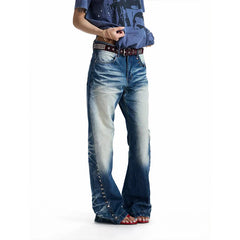 LIZAKOSHT - American Vintage Distressed Rivet Patchwork Flare Jeans Women Streetwear Bodycon Full-Length Y2k Retro Denim Pants