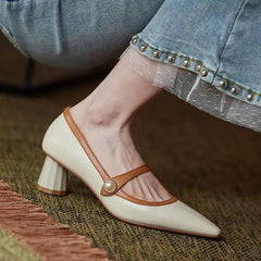 LIZAKOSHT - Women's Summer Footwear with Medium Heels Shoes for Woman Mary Jane Block Heel Pointed Toe Gothic Pearl White Chunky Spring