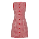 LIZAKOSHT  -  Women Red Plaid Sleeveless Buttons Short Dress Elegant Fashion Lady Streetwear Summer Y2K Sexy Crew Neck Mini Dresses
