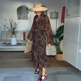 LIZAKOSHT - Fashion Boho Floral Print Maxi Dress For Women Elegant V-neck Long Sleeve A-line Dress With Scarf Lady Spring Chic Robes