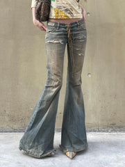 LIZAKOSHT - Vintage Low Rise Flared Jeans Streetwear Wide Leg Denim Pants Y2k Aesthetic Female Straight Trousers Chic All Match New