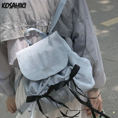 LIZAKOSHT - Casual Simple Nylon Bow Pleated Backpacks Women Students Casual Schoolbags Sweet Y2k Aesthetic Girls Bags Trendy Chic Backpack