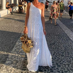 LIZAKOSHT - Elegant Temperament Boho Holiday Dress Ladies Sexy Slanted Collar Lace Long Dress Casual Summer Hollow Sleeveless Evening Dress