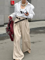 LIZAKOSHT - Casual Khaki Pleated Wide Legs Pants Women Chic High Waist Baggy Trousers Female 2025 Spring Summer New Fashion Office Pant