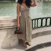LIZAKOSHT - Striped Spaghetti Strap Drop Waist Midi Dress Sleeveless Bustier Summer Casual Women Vestido Chic Fashion Lady Vestido