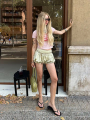 LIZAKOSHT - Lady Chic Satin Bubble Shorts Women Light Green Chain Trim High-waist Casual Street Vacation Bottoms Summer Outing Pants