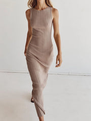 LIZAKOSHT - Knitted Pit Stripe Dress Women Solid Color O Neck Sleeveless Dress Ladies Elegant Fashion Casual High Waist Silm Long Dresses