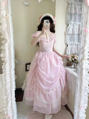 LIZAKOSHT - Gentle Pink Puff Sleeve Op Dress Floral Wedding Lolita Waist Slimming Bow Tail