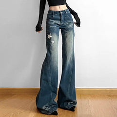 LIZAKOSHT - bell-bottoms Embroidered Star American Retro Women Street Y2K Jeans Wide Leg Loose Stripe All-match Mopping Pants Fashion Street