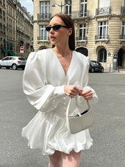 LIZAKOSHT - Solid Satin Women Mini Dresses Elegant V Neck Long Lantern Sleeve High Waist Female Short Dress Autumn New Fashion Lady Vestidos