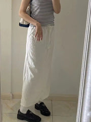 LIZAKOSHT - Casual Women Beige Skirts Summer Sweet High Waist Drawstring Skirts Solid Color Female Chic Bottoms