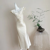 LIZAKOSHT - French Vintage Cream White Satin Polka Dot Lace Ruffle Cap Sleeves V Neck Waist Cinched Maxi Dress Women Girls Daily Party Wear