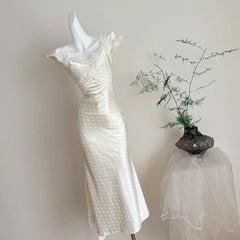 LIZAKOSHT - French Vintage Cream White Satin Polka Dot Lace Ruffle Cap Sleeves V Neck Waist Cinched Maxi Dress Women Girls Daily Party Wear