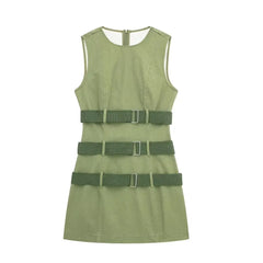 LIZAKOSHT - Europe and America Wind Spring New Round Neck Leisure Green Fashion with Belt Sleeveless Tooling Vest Skirt Dress