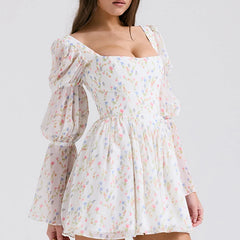 LIZAKOSHT - Sweet Women Floral Print Mini Dress Long Sleeve Square Neck Female Party Summer Dresses Holiday Robe