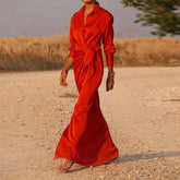 LIZAKOSHT - Casual Office Lapel V Neck Maxi Dresses Spring Women Long Sleeve Solid Shirts Dress Elegant Lady Lace Up Split Slim Long Dresses