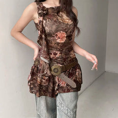 LIZAKOSHT - Dress Irregular Streamers Printed Three-Dimensional Flowers Woman Spring New Linen Loose Retro Slim Slimming Dress