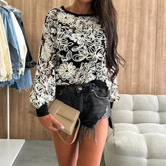 LIZAKOSHT - Fashion High Street Commuter Tops New Autumn O Neck Embroidered Loose Pullover Sexy Perspective Long Sleeve Suspenders 2pc Shirt