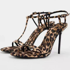 LIZAKOSHT - Sexy Leopard Print High Heels Summer Open Toe Sandals Lady Narrow Strap Elegant Brand Designer Party Dress Shoe Pumps Woman