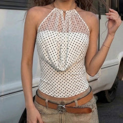 LIZAKOSHT - Street Fashion Design Swinging Collar Polka Dot Neck Sleeveless Vest Slim Fit Versatile and Thin Mesh Top