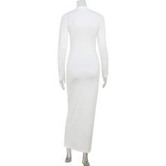 LIZAKOSHT - Women's Clothing With Hollow Out Long Sleeve Half High Collar Temperament Skinny White Party Long Dresses Evening Robes