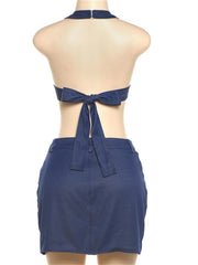 LIZAKOSHT - Summer Y2K Denim Sexy 2 Piece Set Streetwear Women 2024 Halter Backless Bandage Irregular Crop Tops And Bodycon Skirt Set