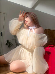LIZAKOSHT - Puff Sleeves Fairy kawaii lolita Dress Women French Design Elegant Chiffon Pullover Korean Office Casual Slim Summer Chic