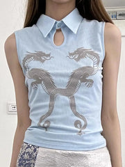 LIZAKOSHT - Tank Tops Polo Collar Suspender Hollow New Chinese Mesh Double Dragon Flocking Slim Summer New Women'S Top Retro