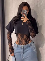 LIZAKOSHT - Lace T-shirt Top Jumpsuit Women O-neck Full Sleeve Irregular Fit Tops Summer Fashion Female Streetwear Fake Two Pieces